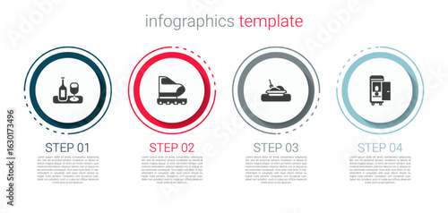 Set Wine bottle with glass, High-speed train, Plate food and Toilet the car. Business infographic template. Vector