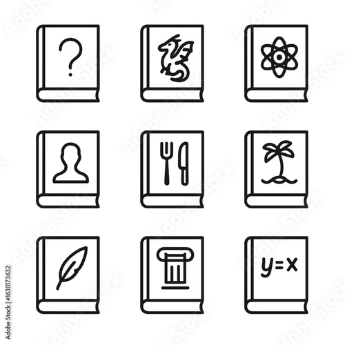 Iconic Book Genres. Outline icon set of book genres: mystery book, fantasy book, science fiction book, biography book, cookbook,