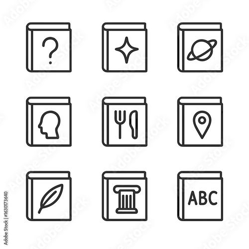Iconic Book Genres. Outline icon set of book genres: mystery book, fantasy book, science fiction book, biography book, cookbook,