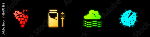 Set Grape fruit, Jar of honey and dipper stick, Windy weather and Chestnut icon. Vector