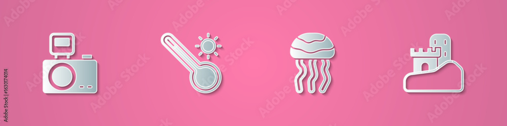 Fototapeta premium Set paper cut Photo camera with flash, Meteorology thermometer, Jellyfish and Sand castle icon. Paper art style. Vector