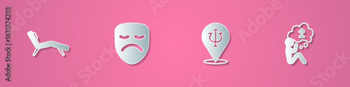 Set paper cut Armchair, Drama theatrical mask, Psychology, Psi and Man graves funeral sorrow icon. Paper art style. Vector