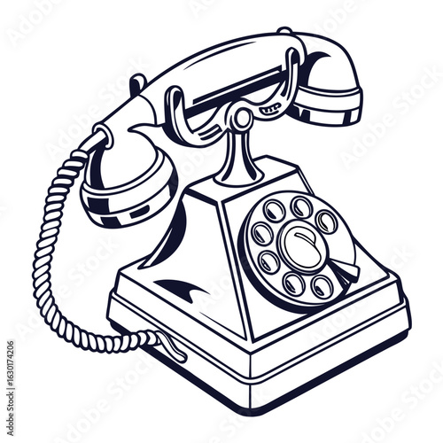 A black vintage rotary telephone with a handset rests on a white background