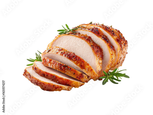 Sliced roasted turkey breast with rosemary garnish meat, Isolated, Png Transparent Background