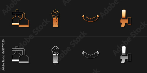 Set Beer brewing process, Glass of beer, Sausage and tap icon. Vector