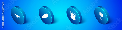 Set Isometric Skateboard wheel, Knee pads, Action camera and Longboard or skateboard icon. Vector