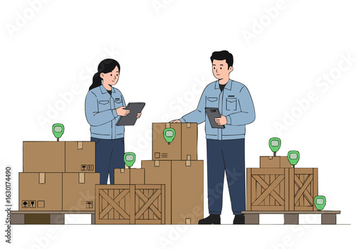 Two professionals oversee shipping logistics, reviewing packages with tablets. A modern, organized warehouse setting. Clear composition, bright colors.