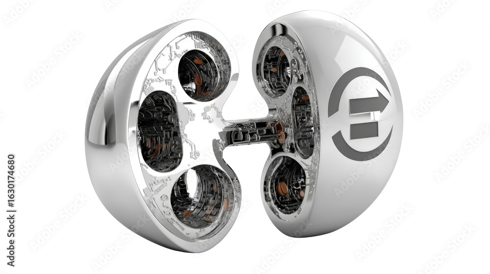 Obraz premium Futuristic Metallic Split Sphere with Intricate Inner Mechanics and Abstract Symbol Representing Technology and Innovation
