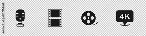 Set Microphone, Play video, Film reel and 4k Ultra HD icon. Vector