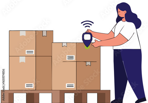 A woman sets up a GPS tracker on shipping boxes. Modern illustration, clean design, conveying logistics and tracking. Suitable for business and technology themes.