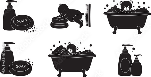 Baby Bath Time and Hygiene Icons in Silhouette bathtub teddy bear
