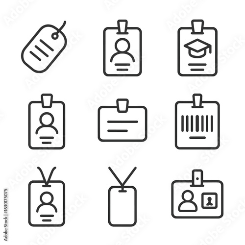 ID Tag Collection. Outline icon set of ID tags: military dog tag, employee ID tag, student tag, visitor pass tag, name badge tag,