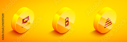 Set Isometric Envelope with Valentine heart, Please do not disturb and Wedding cake icon. Vector