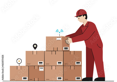 A worker adjusts stacked boxes, utilizing location tracking. Modern illustration depicting logistics and supply chain management. Clear, bright, and professional.