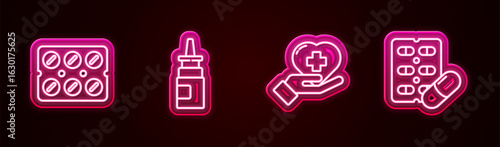 Set line Pills in blister pack, Bottle nasal spray, Heart with cross and . Glowing neon icon. Vector