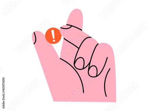 Hand drawn cute cartoon illustration of hand holding sigh with exclamation mark. Flat vector wrong choice message doodle. Negative reaction in arm. Warning icon or sticker. Access denied. Isolated.