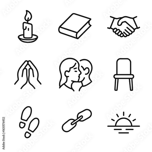 Outline Icon Set. Outline icon set of final moments: extinguished candle, closing book, last handshake, folded hands, farewell