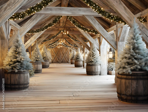 Photography backdrop, rustic wooden barn wedding venue interior, exposed ceiling beams, string lights, evergreen garlands, whiskey barrel planters and frosted Christmas trees.