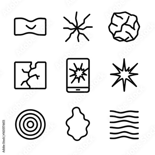 Impact Icon Set. Outline icon set of impact on surfaces: dented metal, cracked glass, crumpled paper, broken wall, shattered