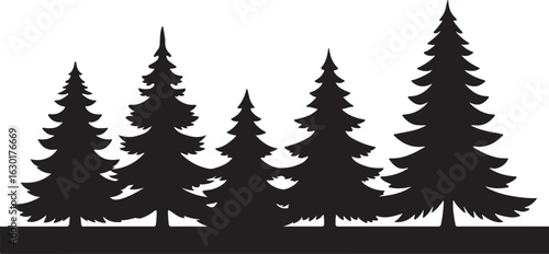 A Silhouette of Various Coniferous Trees Standing Tall Against a White Background	