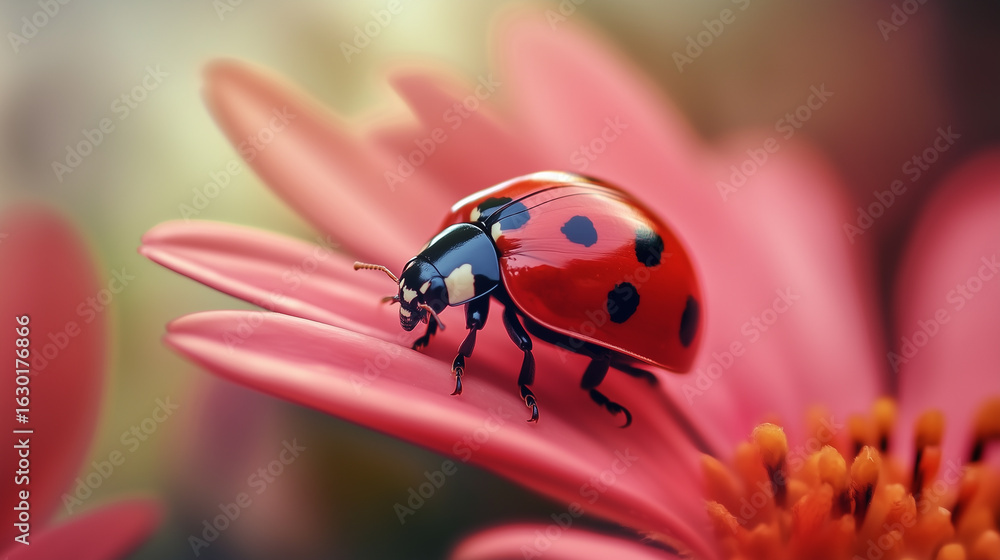 Fototapeta premium Ladybug on flower macro closeup. Beautiful ladybug on leaf defocused background