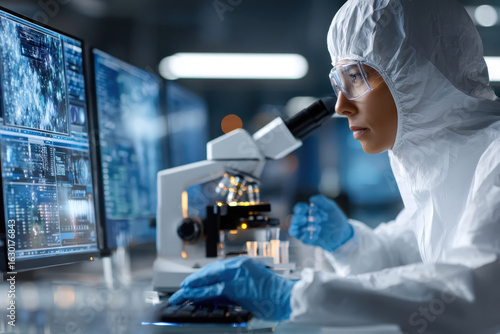 Science Research: In a cutting-edge laboratory, a dedicated scientist in protective gear diligently examines samples under a microscope.