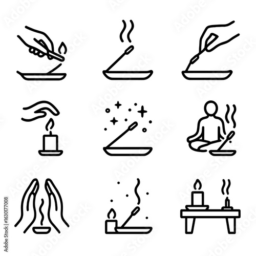Incense Icon Set. Outline icon set of incense usage: lighting incense, smoke trail, placing stick, extinguishing flame, air