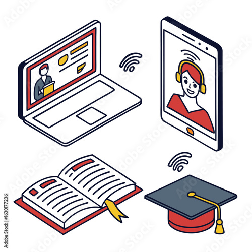 Isometric view of online education setup with laptop tablet book and graduation cap with wifi signals