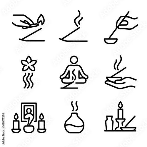 Incense Icon Set. Outline icon set of incense usage: lighting incense, smoke trail, placing stick, extinguishing flame, air