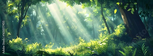 Sunbeams filtering through lush green forest canopy creating a magical atmosphere