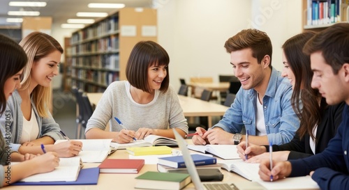 Students studying in a library with books and laptops.