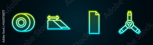 Set line Skateboard wheel, park, Grip tape on skateboard and Y-tool. Glowing neon icon. Vector