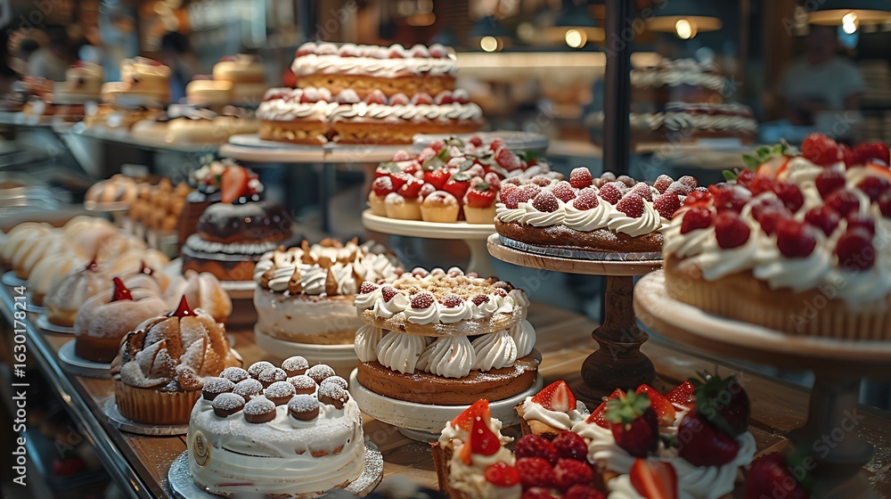 Naklejka premium Decadent dessert display featuring beautifully decorated cakes and pastries with fresh berries and cream