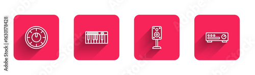 Set line Sound mixer controller, Music synthesizer, Stereo speaker and with long shadow. Red square button. Vector