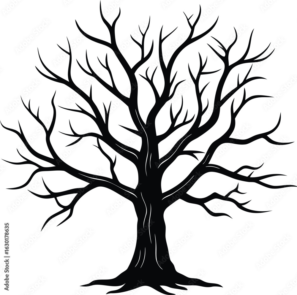Fototapeta premium Dead tree silhouette vector, spooky leafless tree illustration, black bare branches icon, eerie nature element for Halloween, horror, forest, or seasonal background and landscape design