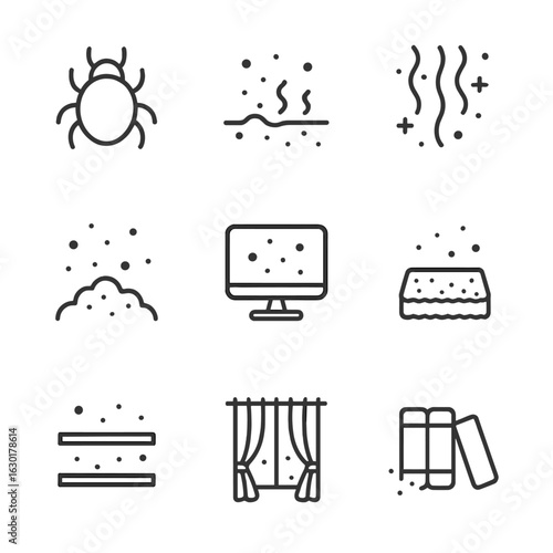Indoor Dust Icon Set. Outline icon set of indoor dust: dust mites, dust particles on surface, dusty air, dust accumulation, dust
