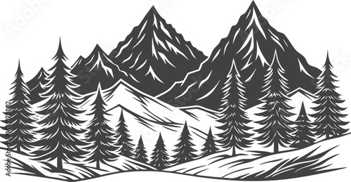 Black mountain landscape silhouette with layered peaks and dramatic horizon, minimal nature scenery vector for travel, hiking, outdoor adventure, wilderness background illustration