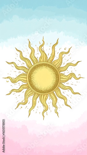 Golden sun design on pastel background