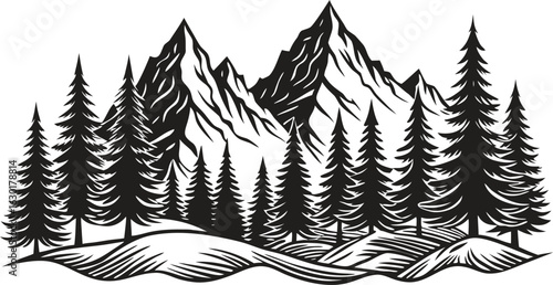 Black mountain landscape silhouette with layered peaks and dramatic horizon, minimal nature scenery vector for travel, hiking, outdoor adventure, wilderness background illustration