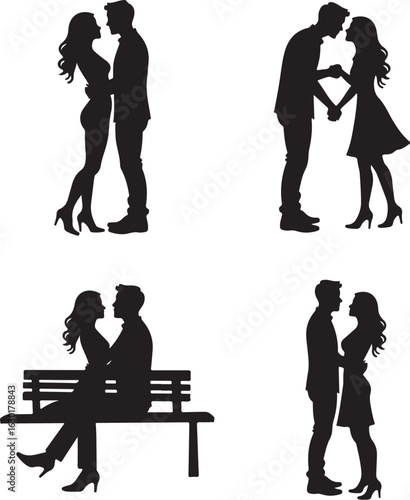 Romantic couple silhouettes embracing in various intimate moments