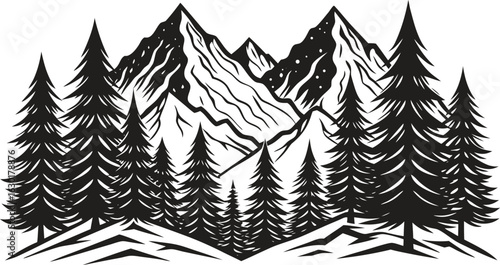 Black mountain landscape silhouette with layered peaks and dramatic horizon, minimal nature scenery vector for travel, hiking, outdoor adventure, wilderness background illustration