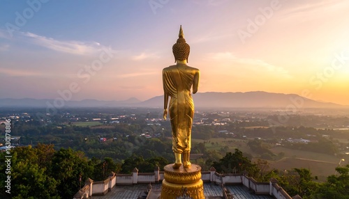 Golden statue overlooking landscape at sunrise