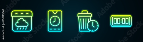 Set line Calendar autumn, Alarm clock app mobile, Waste of time and Digital alarm. Glowing neon icon. Vector