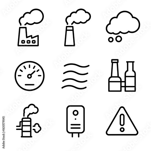 Industrial Emissions Icons. Outline icon set of industrial emissions: factory chimney, smokestack, pollution cloud, emission gauge