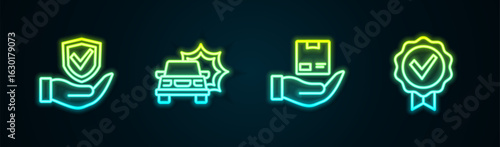Set line Shield in hand, Car accident, Delivery insurance and Approved check mark. Glowing neon icon. Vector