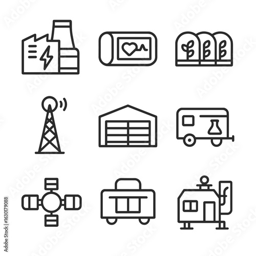 Industrial Icons Grid. center, power station, life support unit, greenhouses, communications tower, storage depot, laboratory