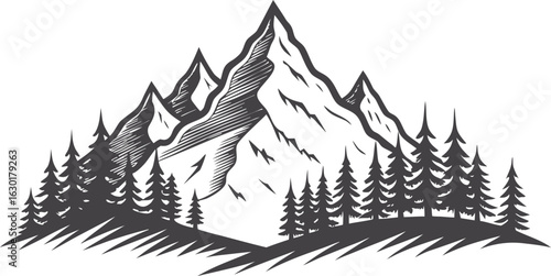 Black mountain landscape silhouette with layered peaks and dramatic horizon, minimal nature scenery vector for travel, hiking, outdoor adventure, wilderness background illustration