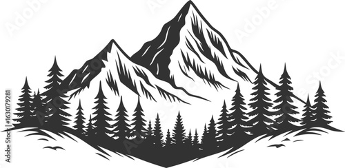Black mountain landscape silhouette with layered peaks and dramatic horizon, minimal nature scenery vector for travel, hiking, outdoor adventure, wilderness background illustration