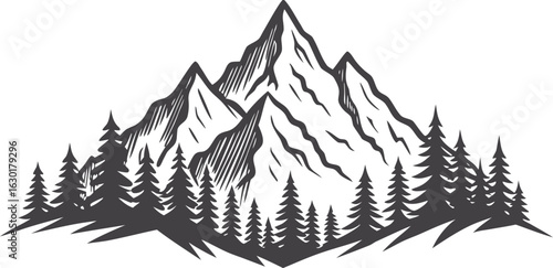 Black mountain landscape silhouette with layered peaks and dramatic horizon, minimal nature scenery vector for travel, hiking, outdoor adventure, wilderness background illustration