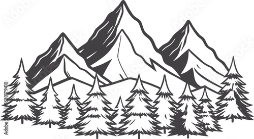 Black mountain landscape silhouette with layered peaks and dramatic horizon, minimal nature scenery vector for travel, hiking, outdoor adventure, wilderness background illustration